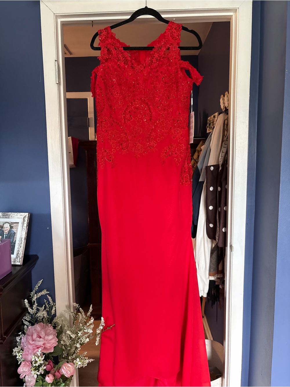 Red Lace Appliqué Evening Gown - Women's Formal Dress